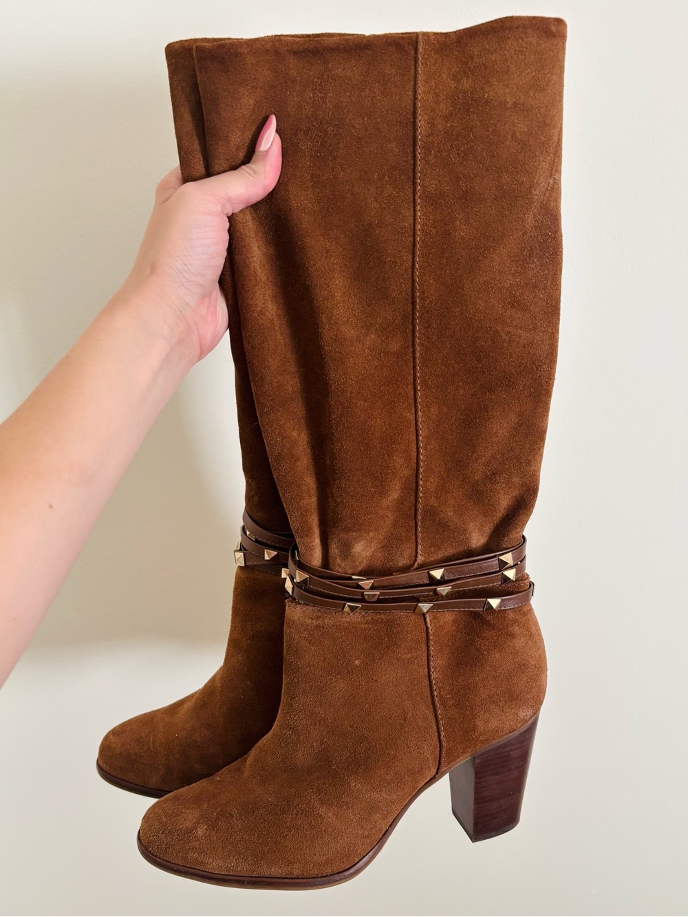 Antonio Melani Binx Slouchy Mid-Calf Suede Boots with Studded Straps in Brown